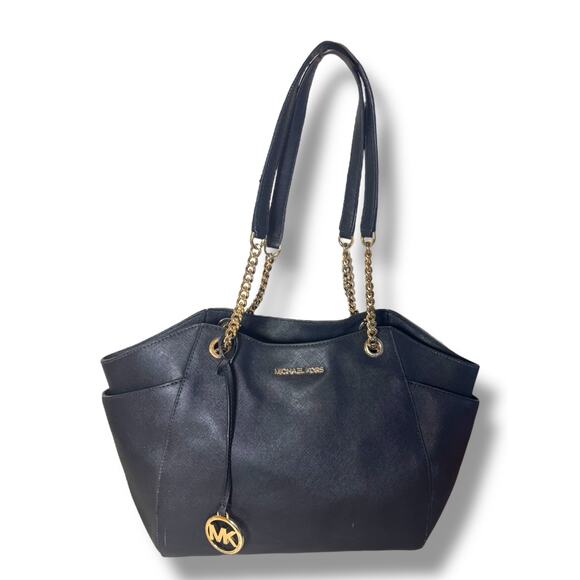 Michael Kors Jet Set Chain Tote Bag Black Saffiano Leather Shoulder Purse Gold - Picture 1 of 15